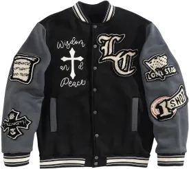 SOLY HUX Men's Letter Graphic Color Block Varsity Jacket Long Sleeve Y2k Streetwear Baseball Jacket