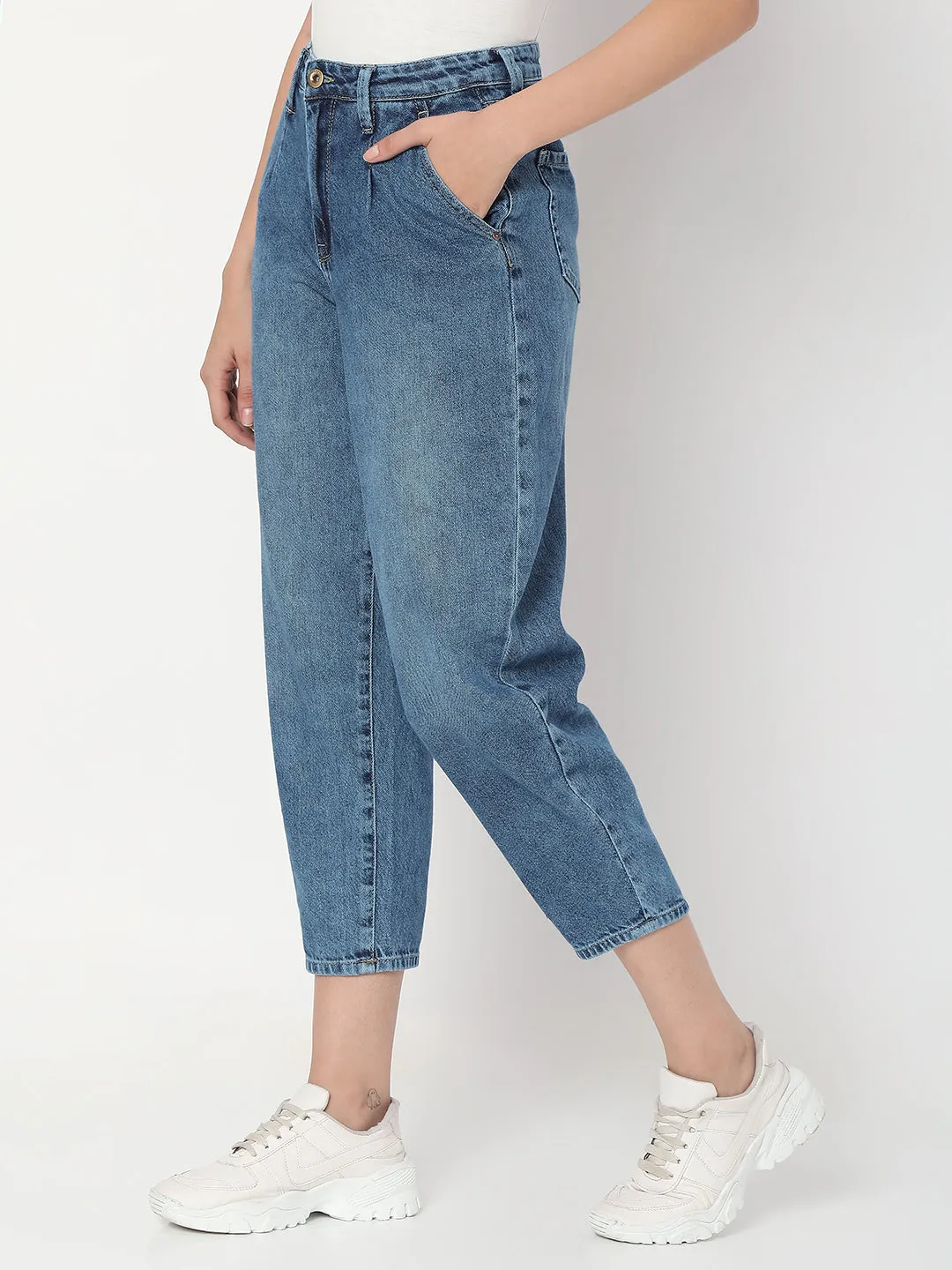 Spykar Mid Blue Cotton Baggy Fit Crop Length Jeans For Women (Clara)