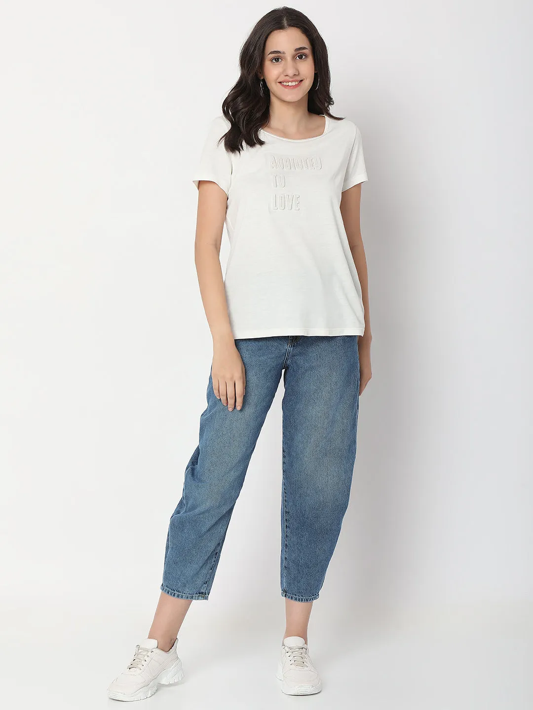 Spykar Mid Blue Cotton Baggy Fit Crop Length Jeans For Women (Clara)