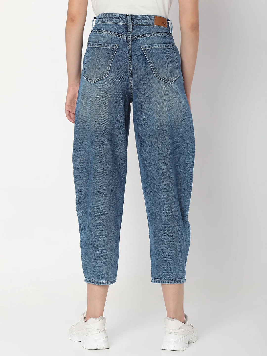 Spykar Mid Blue Cotton Baggy Fit Crop Length Jeans For Women (Clara)