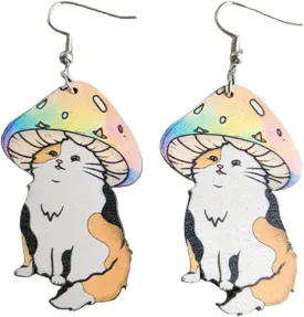 Unique Creative Cartoon Colorful Mushroom Cat Frog Drop Dangle Earring Handmade Lightweignt Wooden Moon Sun Star Earring for Women Cute Funny Holiday Gifts