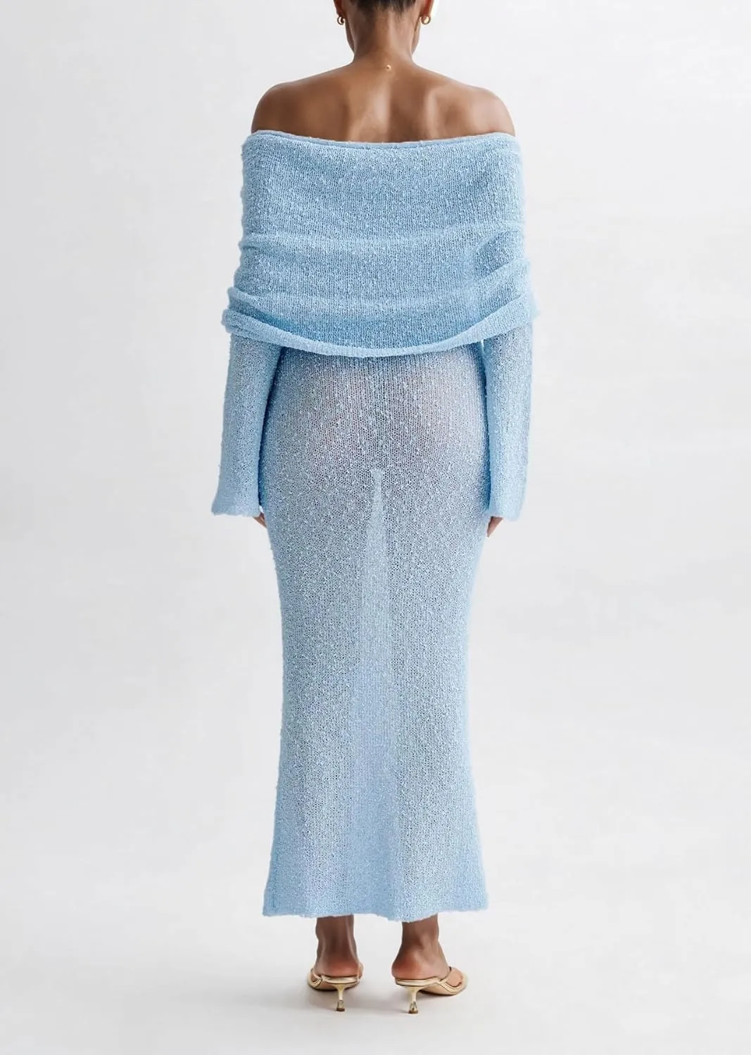 Unybwonn Sexy Off Shoulder Crochet Maxi Dress for Women Bodycon Stretchy Mesh Knit Dress Long Sleeve Party Wrap Dresses