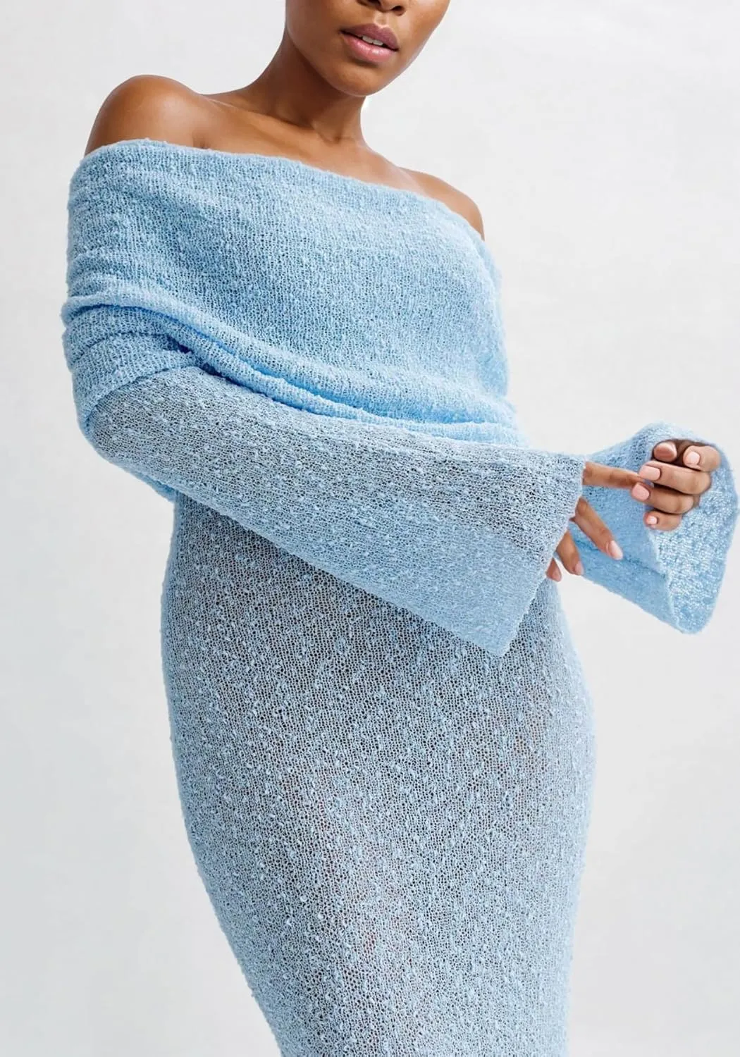 Unybwonn Sexy Off Shoulder Crochet Maxi Dress for Women Bodycon Stretchy Mesh Knit Dress Long Sleeve Party Wrap Dresses