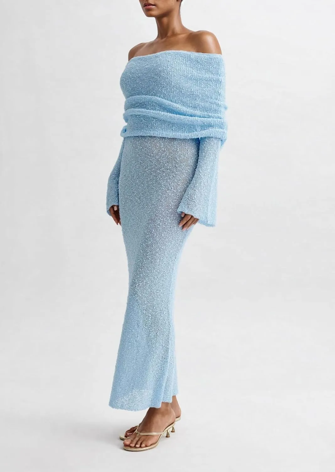 Unybwonn Sexy Off Shoulder Crochet Maxi Dress for Women Bodycon Stretchy Mesh Knit Dress Long Sleeve Party Wrap Dresses