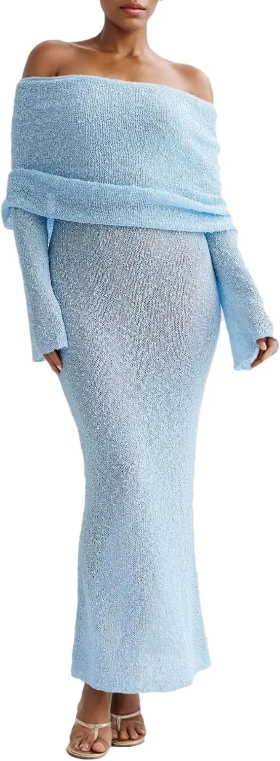 Unybwonn Sexy Off Shoulder Crochet Maxi Dress for Women Bodycon Stretchy Mesh Knit Dress Long Sleeve Party Wrap Dresses