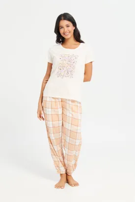 Women Ivory Checked Pants and T-Shirt Pyjama Set (2 Piece)