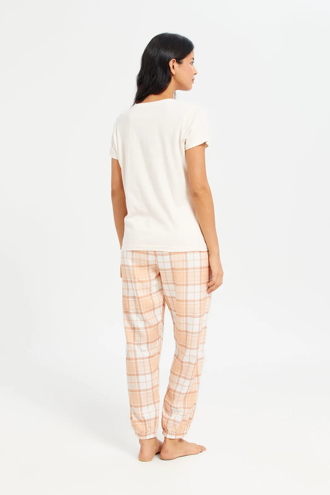 Women Ivory Checked Pants and T-Shirt Pyjama Set (2 Piece)