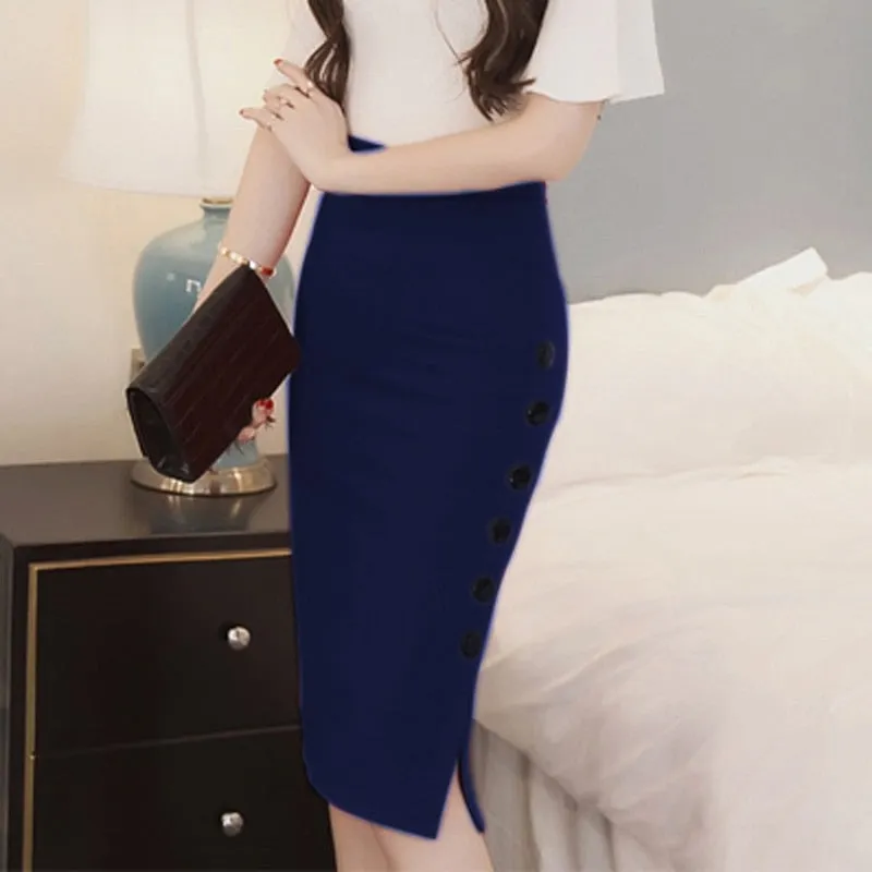Women  Slim Pencil Skirts High Waist Ladies Skirt Side Split Button Office Ladies Bodycon Fitted Skirts