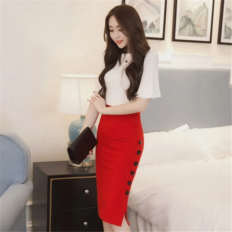Women  Slim Pencil Skirts High Waist Ladies Skirt Side Split Button Office Ladies Bodycon Fitted Skirts