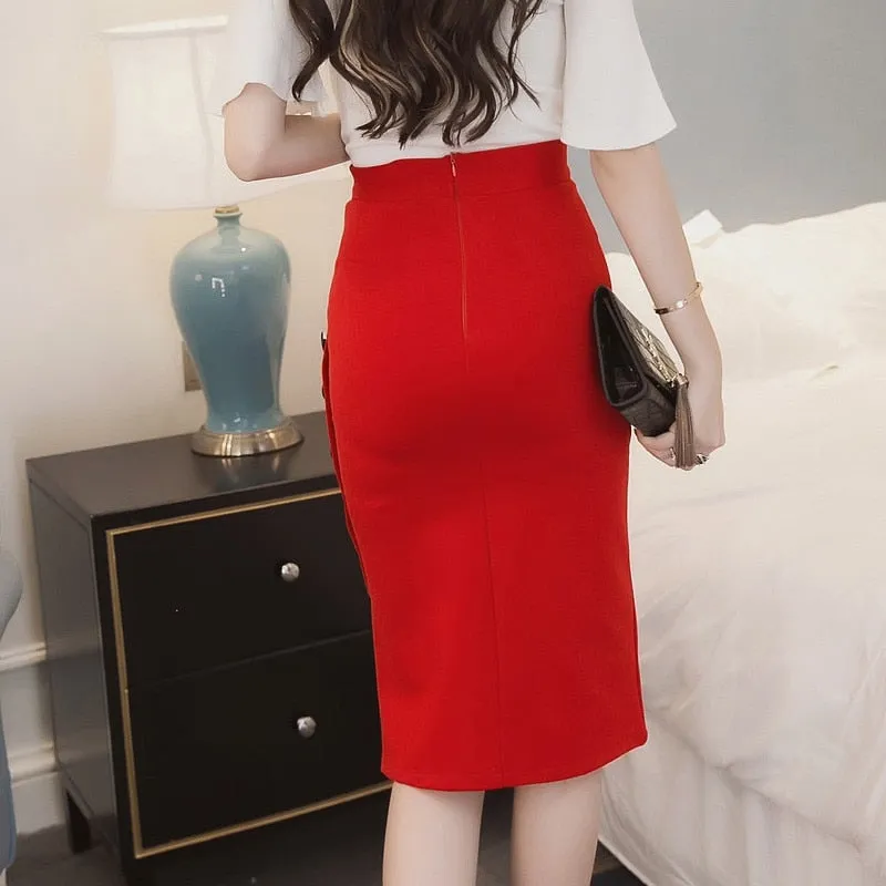 Women  Slim Pencil Skirts High Waist Ladies Skirt Side Split Button Office Ladies Bodycon Fitted Skirts