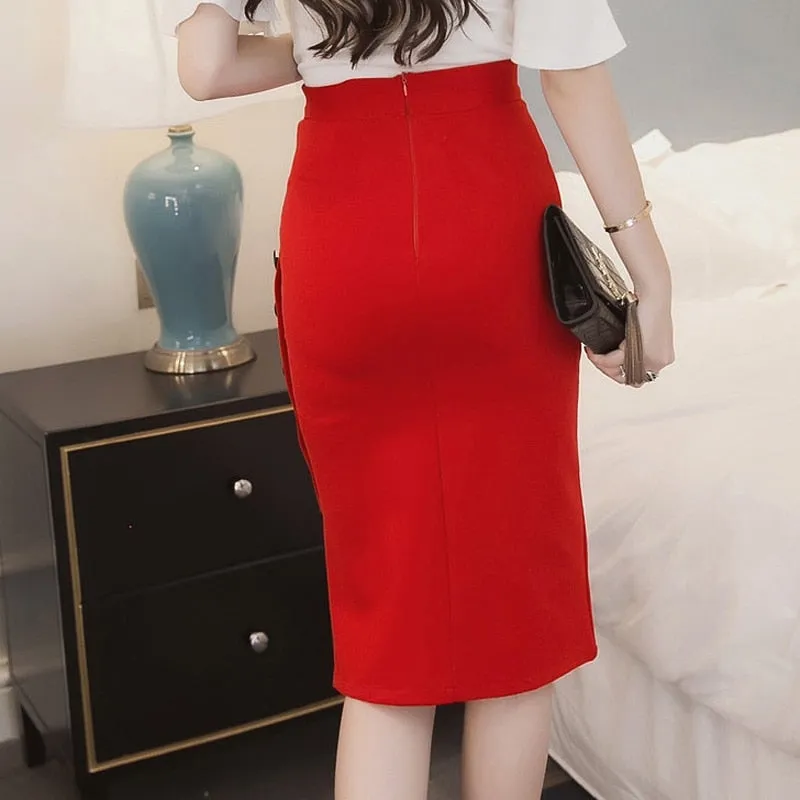 Women  Slim Pencil Skirts High Waist Ladies Skirt Side Split Button Office Ladies Bodycon Fitted Skirts