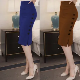 Women  Slim Pencil Skirts High Waist Ladies Skirt Side Split Button Office Ladies Bodycon Fitted Skirts