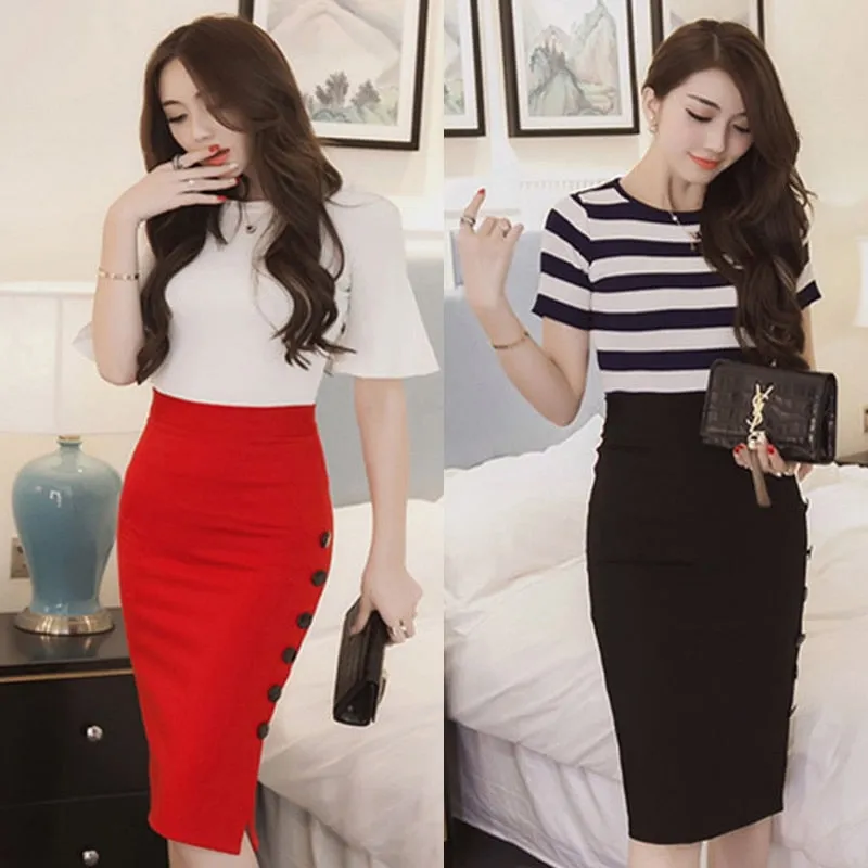 Women  Slim Pencil Skirts High Waist Ladies Skirt Side Split Button Office Ladies Bodycon Fitted Skirts
