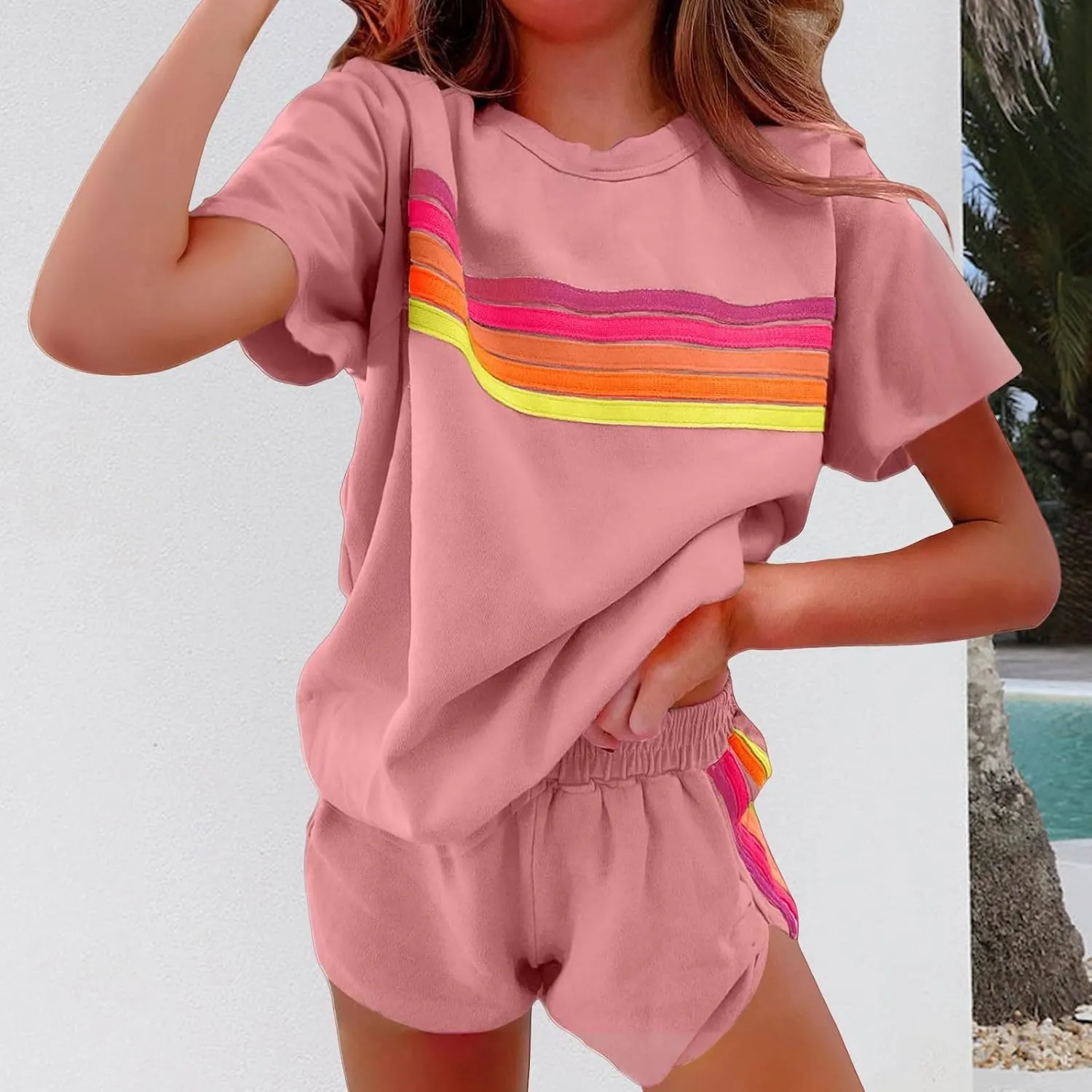 Women's 2 Piece Lounge Sets Color Block Short Sleeve Tops Matching Shorts Loungewear Tracksuit Set Travel Outfits