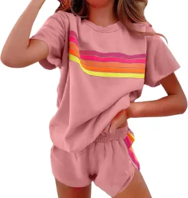 Women's 2 Piece Lounge Sets Color Block Short Sleeve Tops Matching Shorts Loungewear Tracksuit Set Travel Outfits