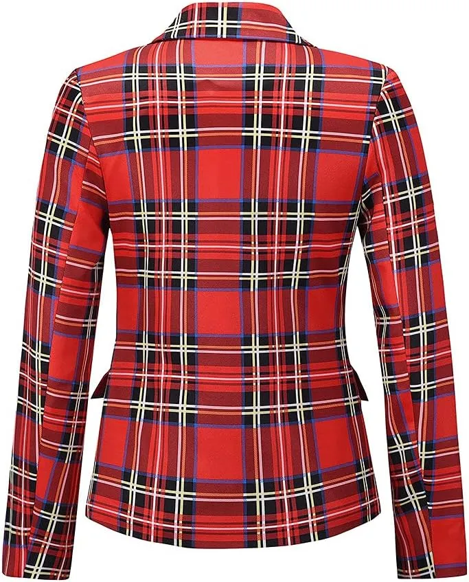 Women's Checked Blazer Double Breasted Buttons Suit Jacket Customizable for Formal Occassion Casual Daily