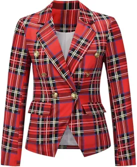 Women's Checked Blazer Double Breasted Buttons Suit Jacket Customizable for Formal Occassion Casual Daily