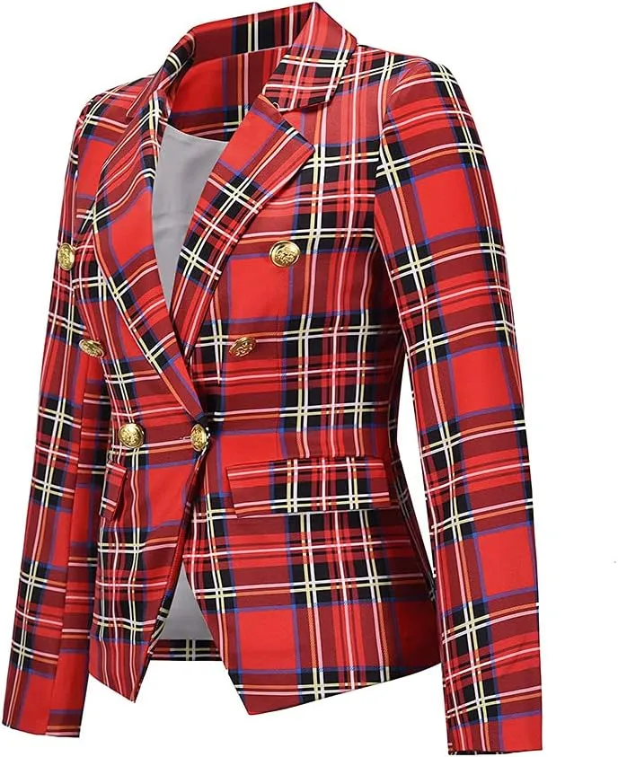 Women's Checked Blazer Double Breasted Buttons Suit Jacket Customizable for Formal Occassion Casual Daily