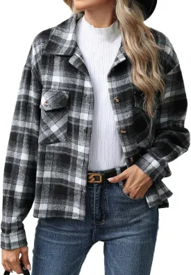Women's Flannel Jacket Shirts Plaid Button Down Casual Coats 2024 Trendy Fleece Lined Fall Outerwear with Pockets