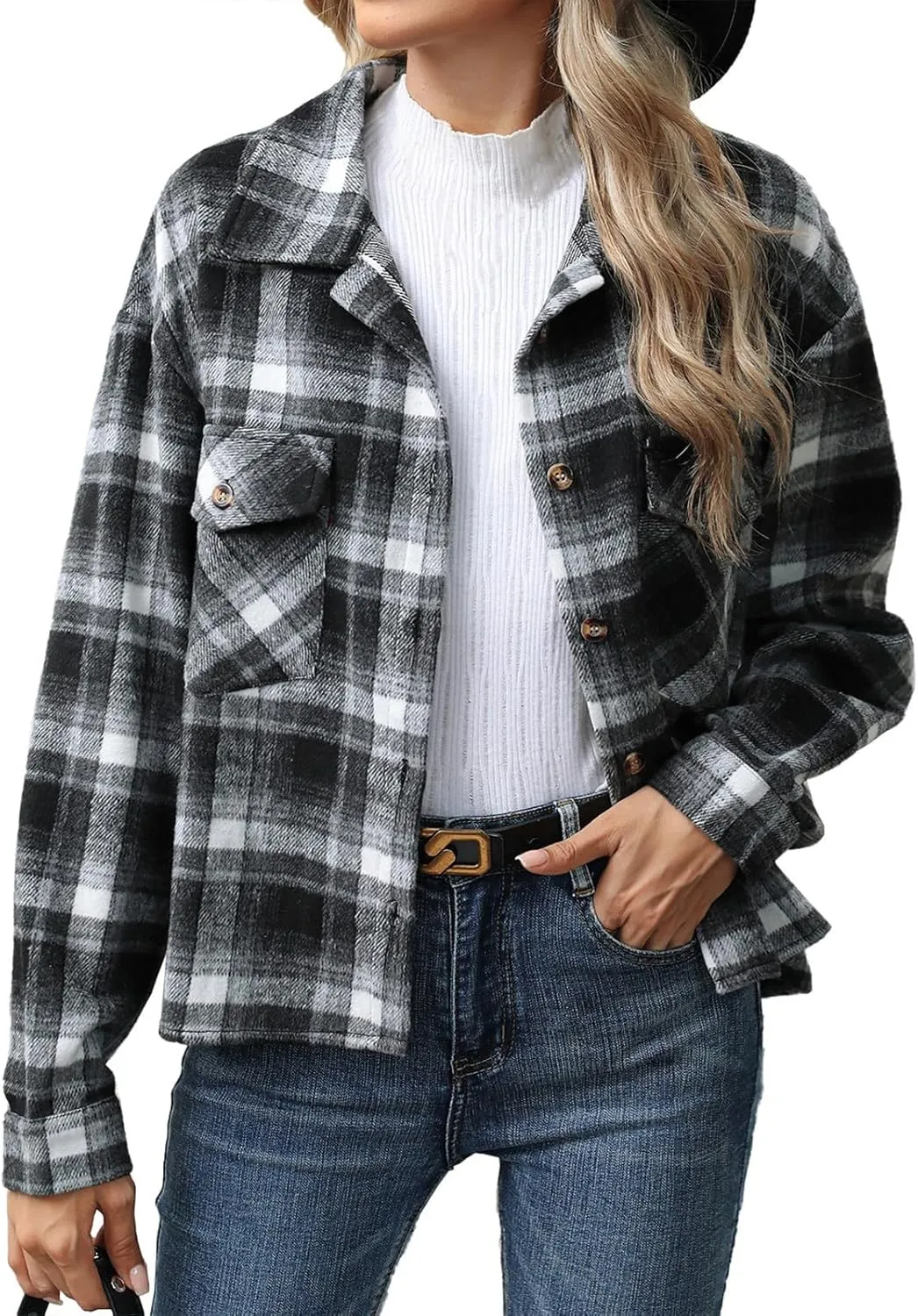 Women's Flannel Jacket Shirts Plaid Button Down Casual Coats 2024 Trendy Fleece Lined Fall Outerwear with Pockets
