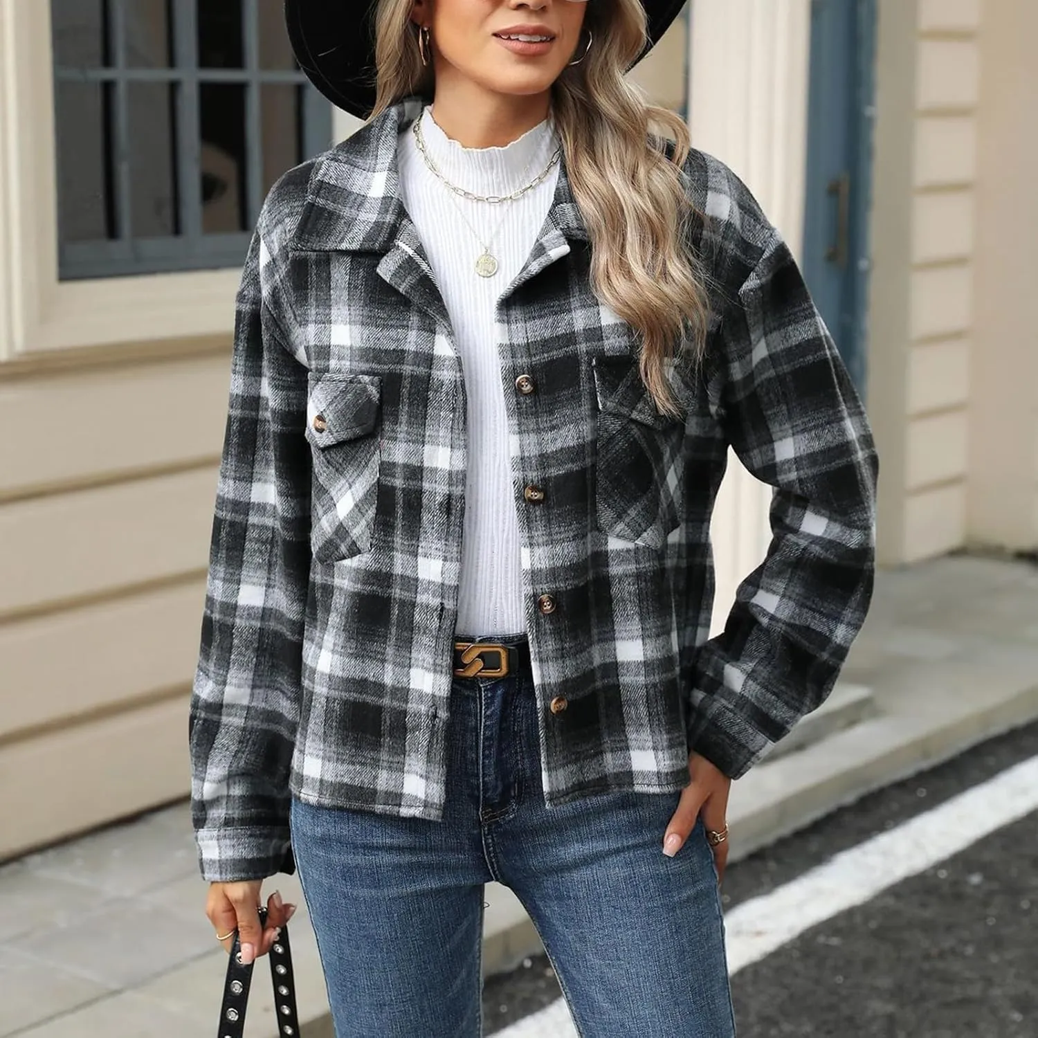Women's Flannel Jacket Shirts Plaid Button Down Casual Coats 2024 Trendy Fleece Lined Fall Outerwear with Pockets