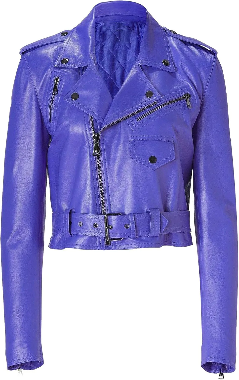 Women's Genuine Lambskin Real Leather Slim fit Biker Cropped Leather Jacket