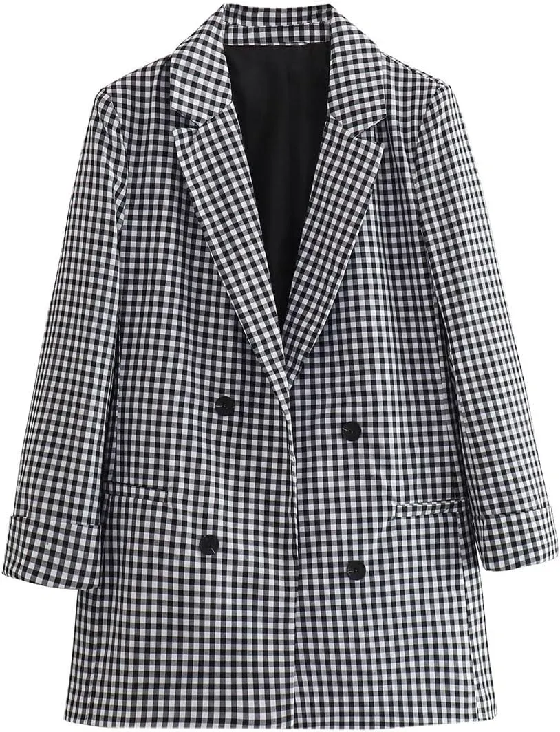 Women's Small Checked Suit Jacket Double Breasted Coat Plaid Formal Blazer
