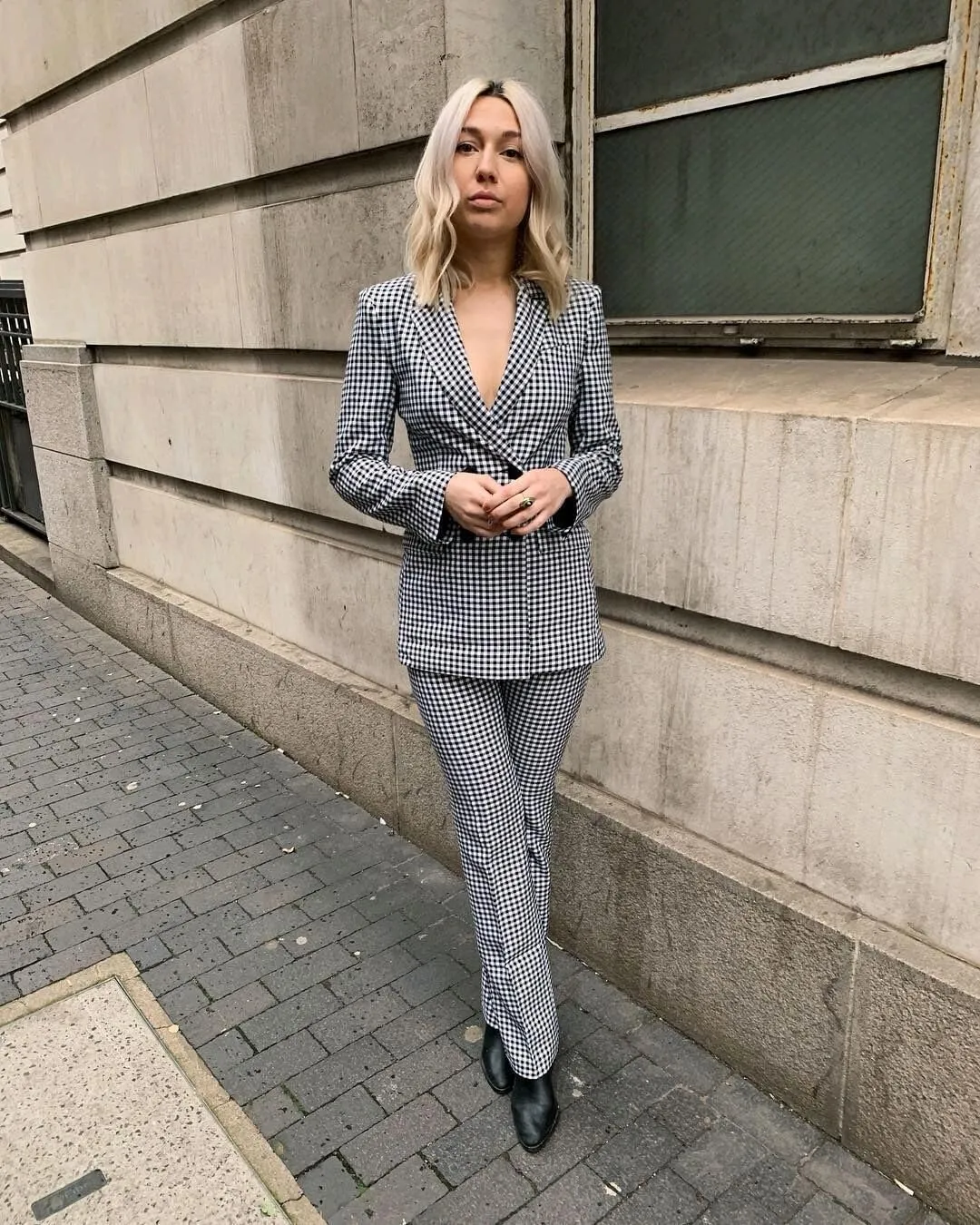 Women's Small Checked Suit Jacket Double Breasted Coat Plaid Formal Blazer