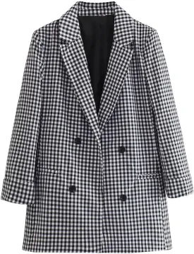 Women's Small Checked Suit Jacket Double Breasted Coat Plaid Formal Blazer