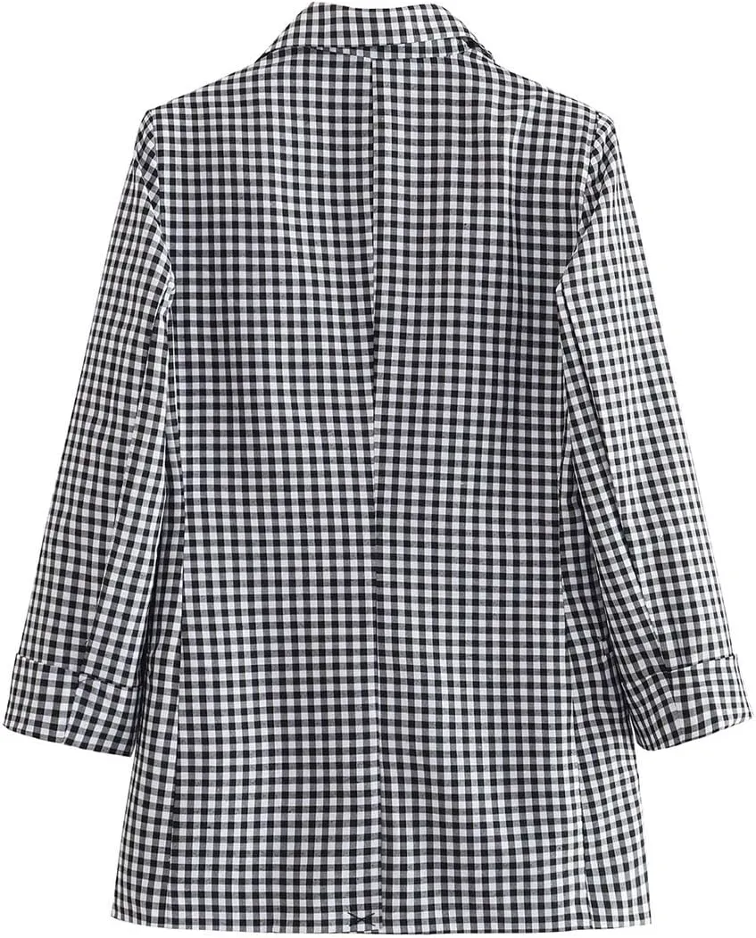 Women's Small Checked Suit Jacket Double Breasted Coat Plaid Formal Blazer