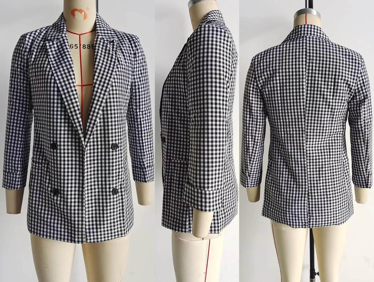 Women's Small Checked Suit Jacket Double Breasted Coat Plaid Formal Blazer