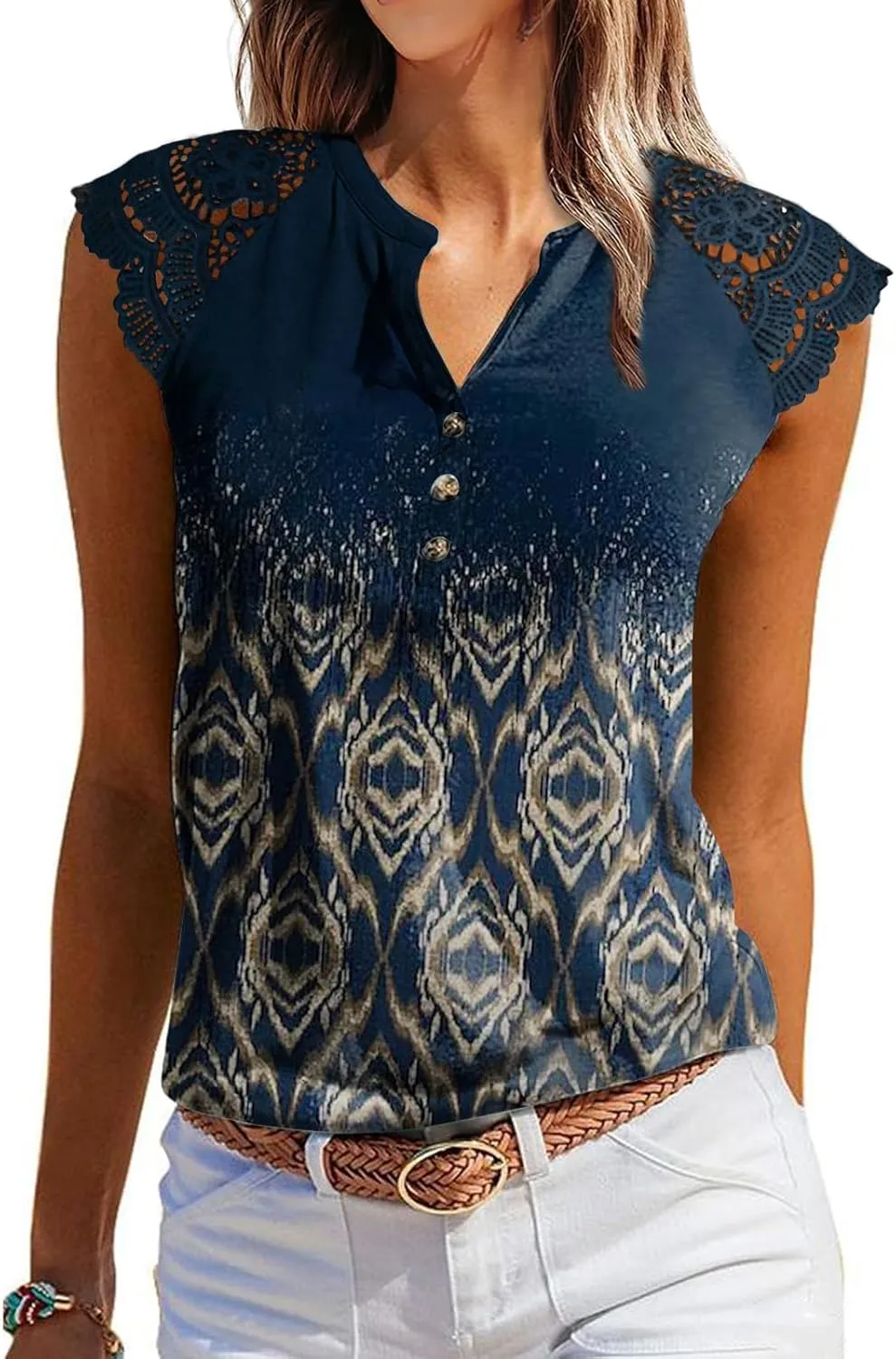 Women's Tank Tops Lace Cap Sleeve Button Down V Neck Summer Casual Loose Fit 2025 Trendy Cute Sleeveless Shirts Blouse