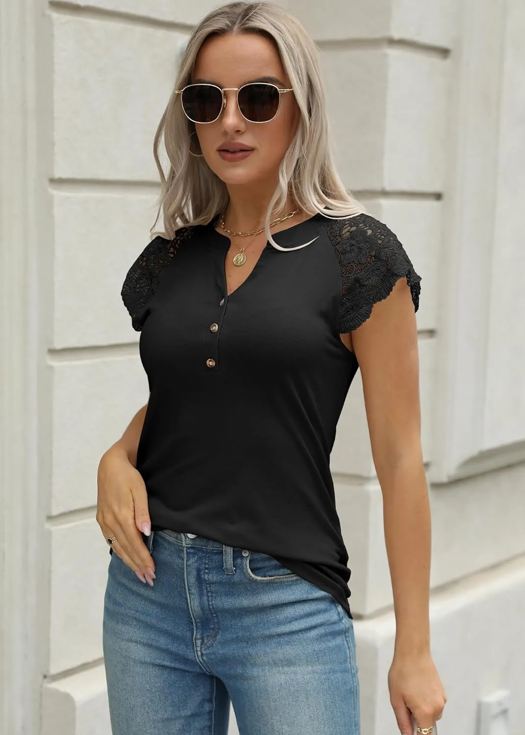 Women's Tank Tops Lace Cap Sleeve Button Down V Neck Summer Casual Loose Fit 2025 Trendy Cute Sleeveless Shirts Blouse
