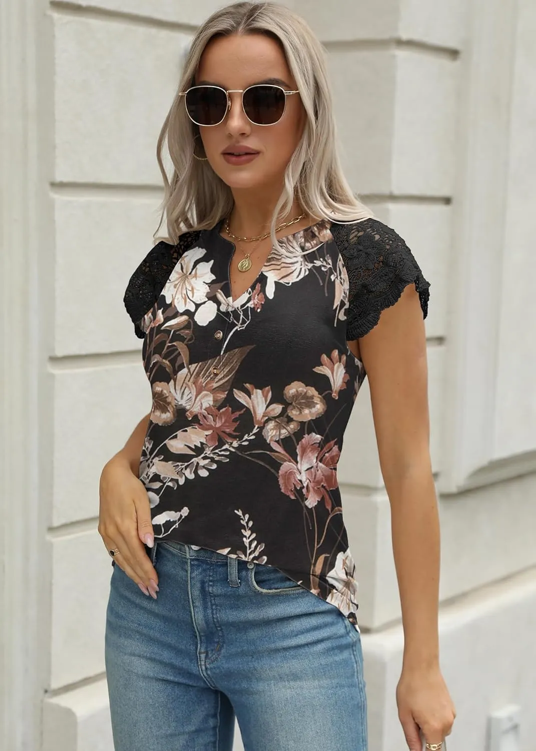 Women's Tank Tops Lace Cap Sleeve Button Down V Neck Summer Casual Loose Fit 2025 Trendy Cute Sleeveless Shirts Blouse