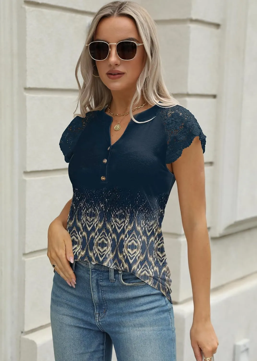 Women's Tank Tops Lace Cap Sleeve Button Down V Neck Summer Casual Loose Fit 2025 Trendy Cute Sleeveless Shirts Blouse