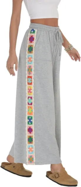Womens Wide Leg Pants Stretch Casual Drawstring Waist Loose Lounge Sweatpants Crochet Panel Pant with Pocket