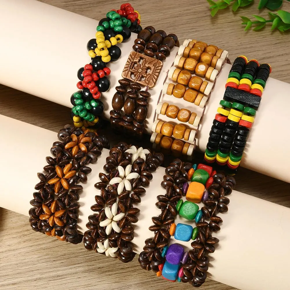 Wooden African Bangle Bracelet for Women African Wide Chunky Bangle Bracelets Yellow Black Green Red Coconut Shell Strech Bangle Bohemian Ethnic Tribal Jamaican African Jewelry