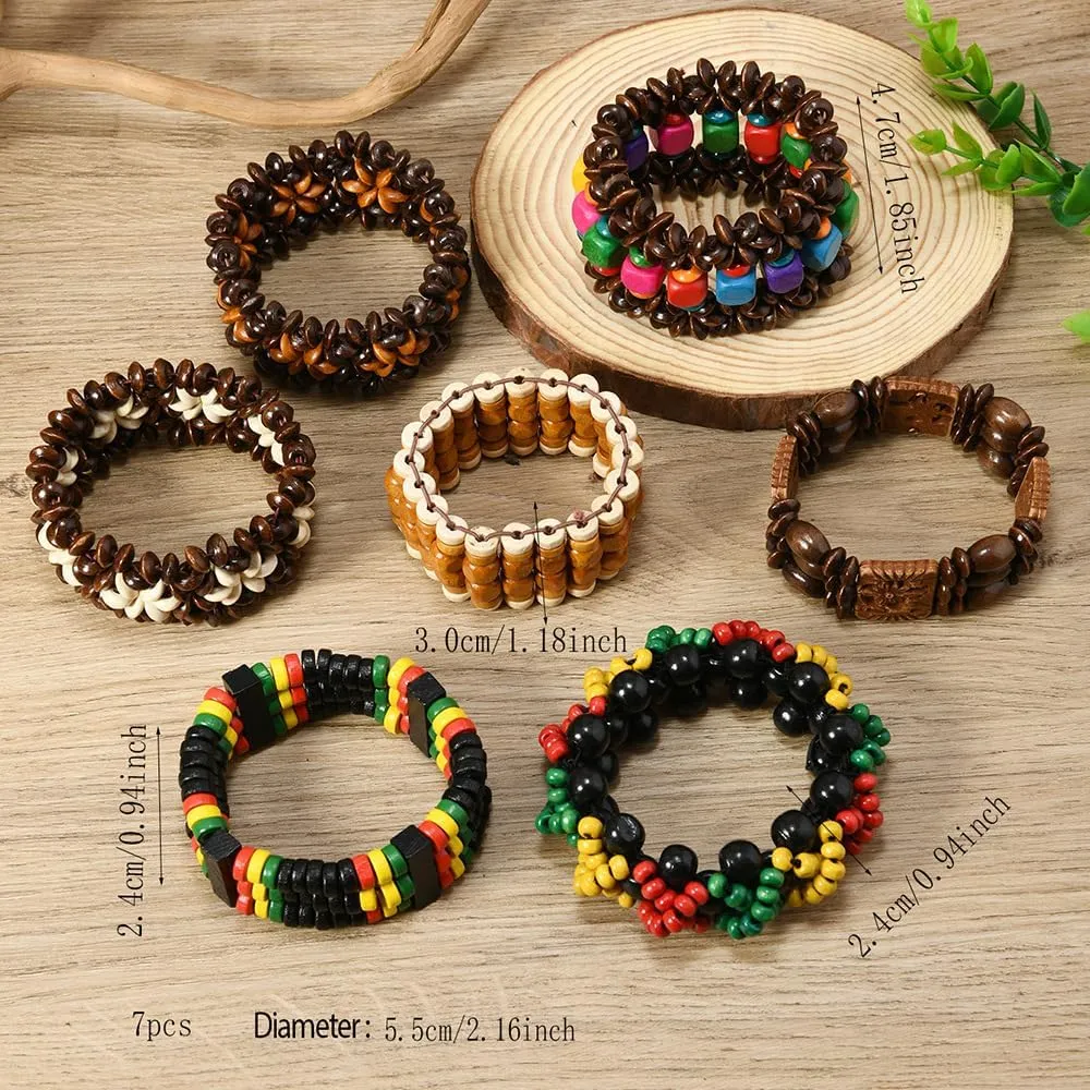 Wooden African Bangle Bracelet for Women African Wide Chunky Bangle Bracelets Yellow Black Green Red Coconut Shell Strech Bangle Bohemian Ethnic Tribal Jamaican African Jewelry
