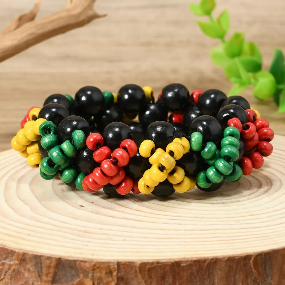 Wooden African Bangle Bracelet for Women African Wide Chunky Bangle Bracelets Yellow Black Green Red Coconut Shell Strech Bangle Bohemian Ethnic Tribal Jamaican African Jewelry