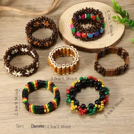 Wooden African Bangle Bracelet for Women African Wide Chunky Bangle Bracelets Yellow Black Green Red Coconut Shell Strech Bangle Bohemian Ethnic Tribal Jamaican African Jewelry