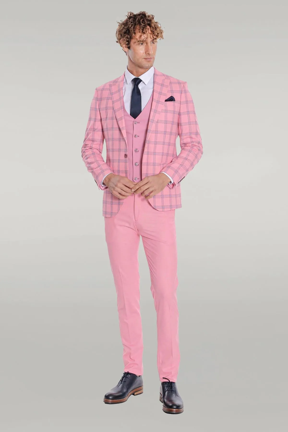WSS Checked Patterned Slim Fit Pink Men Suit  - Singen