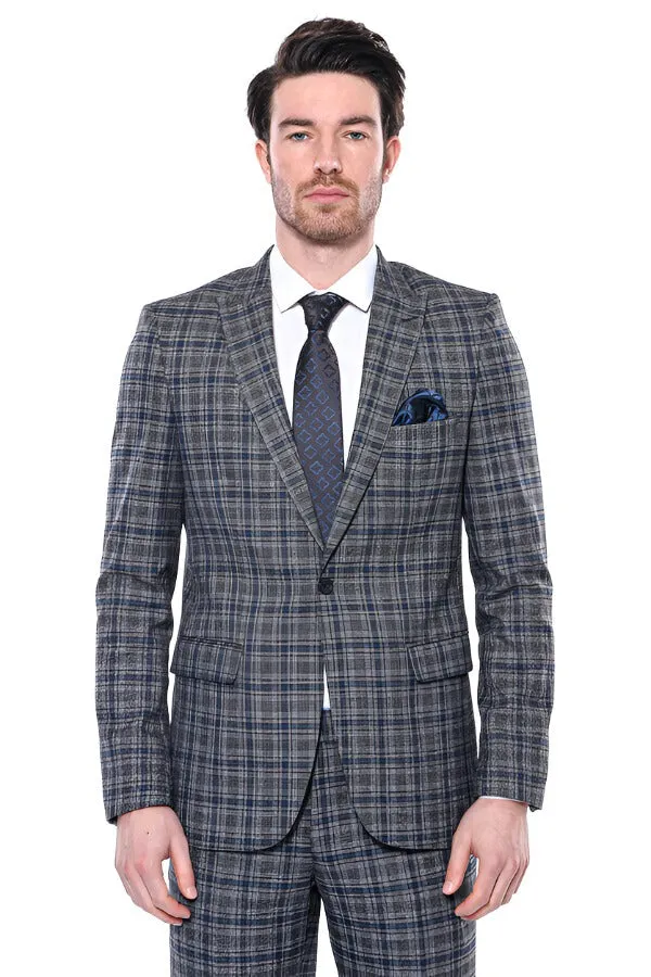 WSS Checked Slim-Fit Navy Blue Men Blazer  - Singen