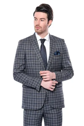 WSS Checked Slim-Fit Navy Blue Men Blazer  - Singen