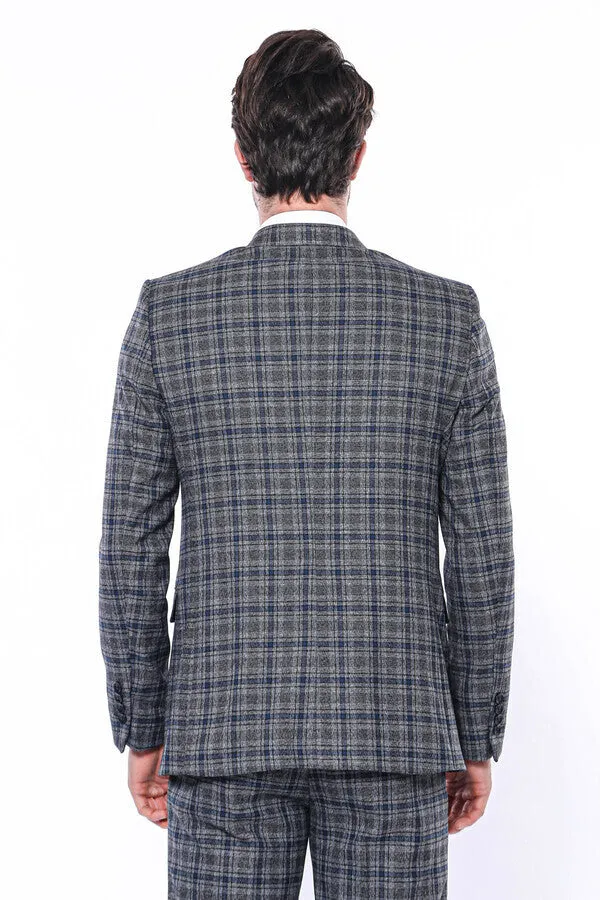 WSS Checked Slim-Fit Navy Blue Men Blazer  - Singen