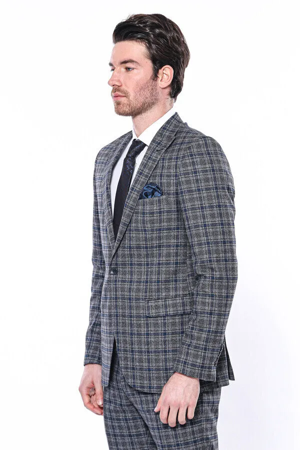 WSS Checked Slim-Fit Navy Blue Men Blazer  - Singen
