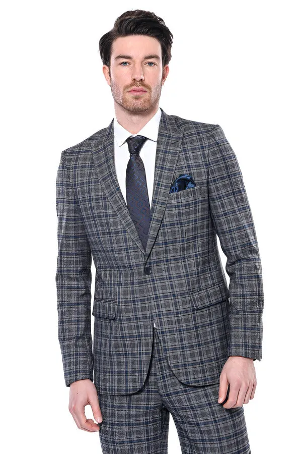WSS Checked Slim-Fit Navy Blue Men Blazer  - Singen