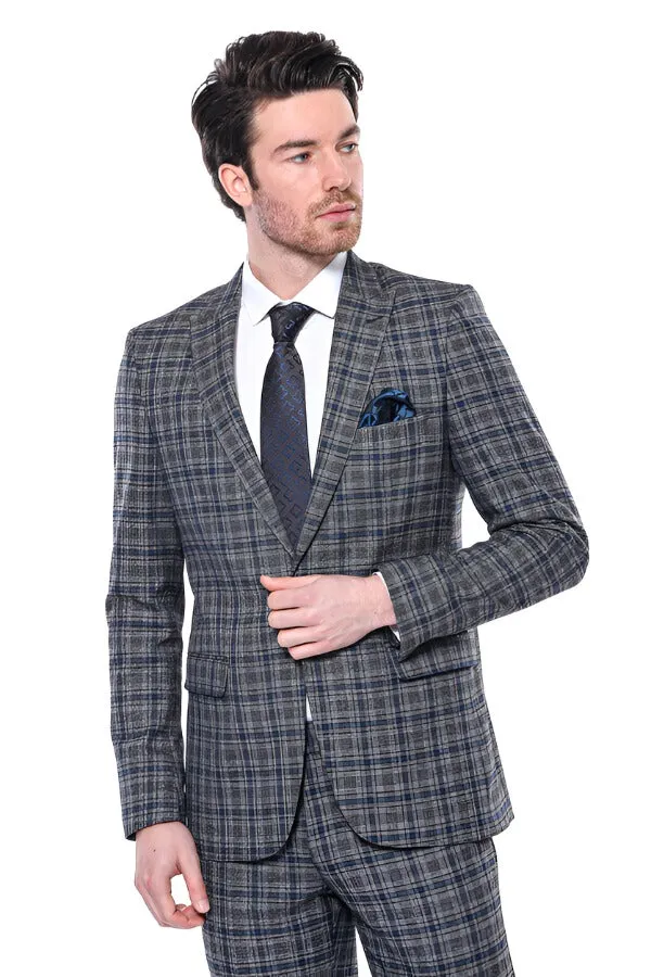 WSS Checked Slim-Fit Navy Blue Men Blazer  - Singen