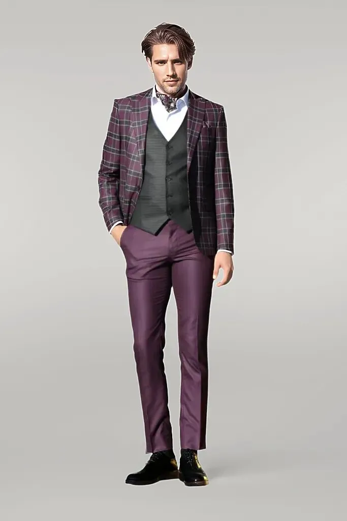 WSS Slim Fit Patterned Checked Burgundy Men Suit  - Singen