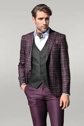 WSS Slim Fit Patterned Checked Burgundy Men Suit  - Singen