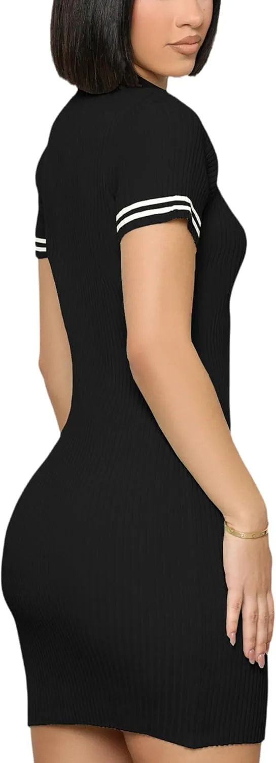 ZERMOM Women's Ribbed Knit Dress Short Sleeve Button Bodycon Elegant Sweater Mini Dresses